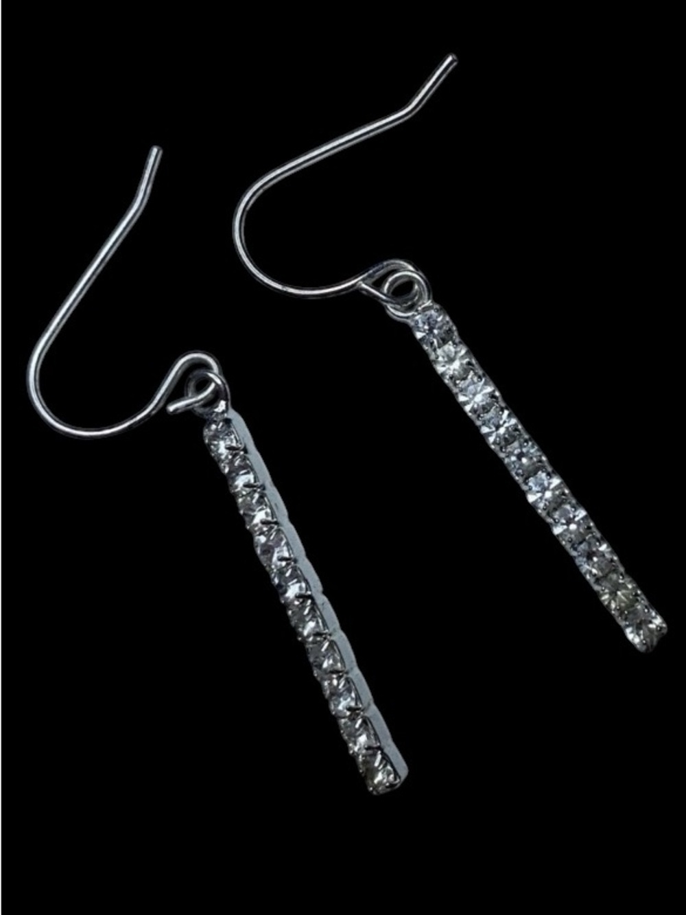 RHINESTONE DROP EARRINGS in Silver Tone Vertical Bar with Shepherd Hook Closure